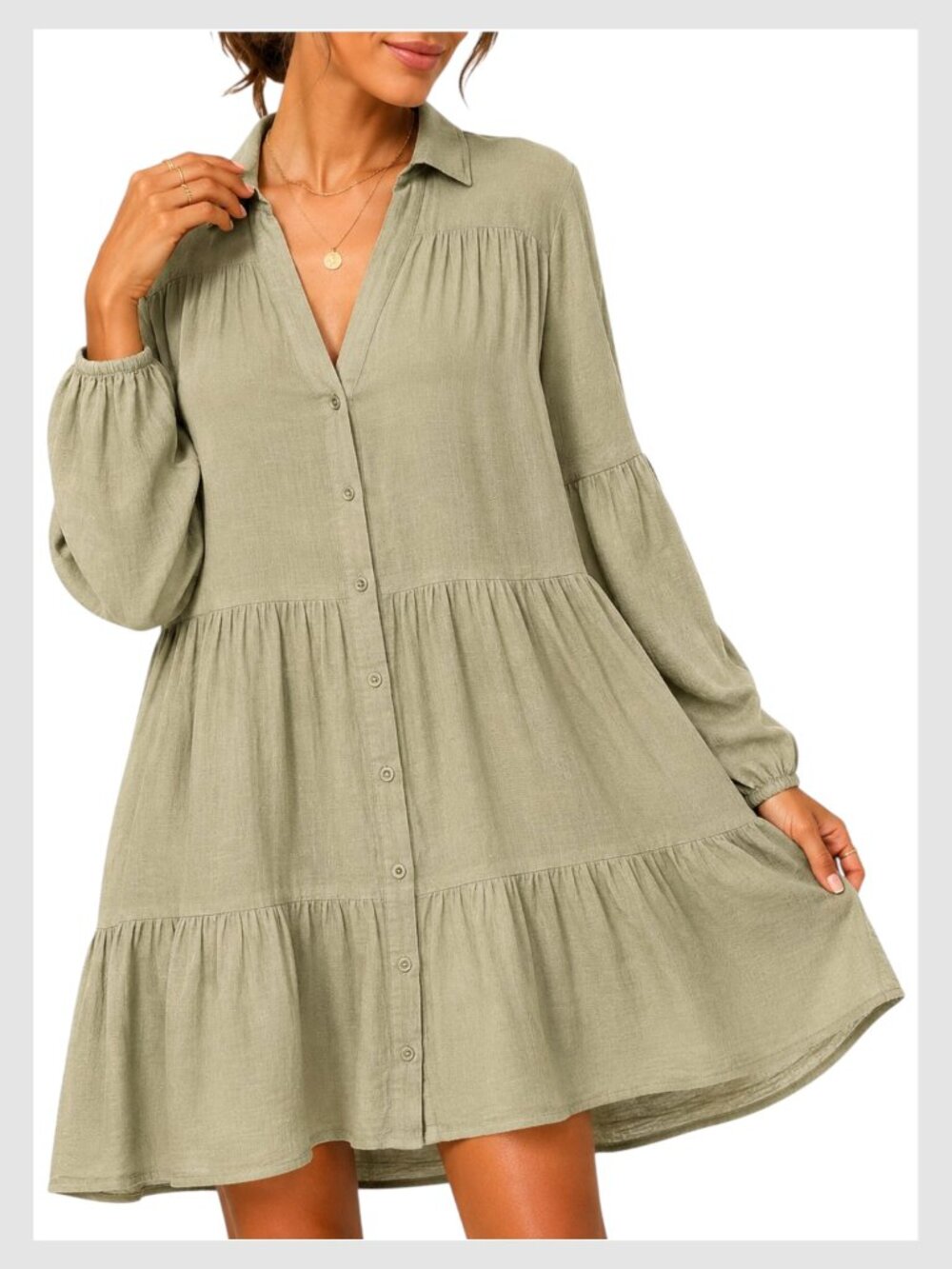 Zara Khaki Green Button-Front Tiered Mini Dress M